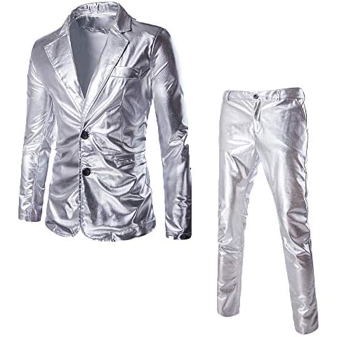 PRJN Suit for Men 2-Piece Suit Jacket and Pants Bronzing Bright Casual Suitable for Business Party Marriage Bronzing Bright Surface Casual Suits Slim fit Men's Suits Men's Casual Jacket Pants Silver Cover