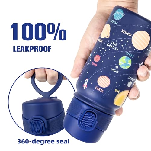 Image of GOPPUS Kids 12oz Insulated Stainless Steel Water Bottle, Leakproof Vacuum Tumbler with Carry Handle, Fits Cup Holders, Reusable Water Bottle for School Outdoor, Boys & Girls（Blue Starry Sky）