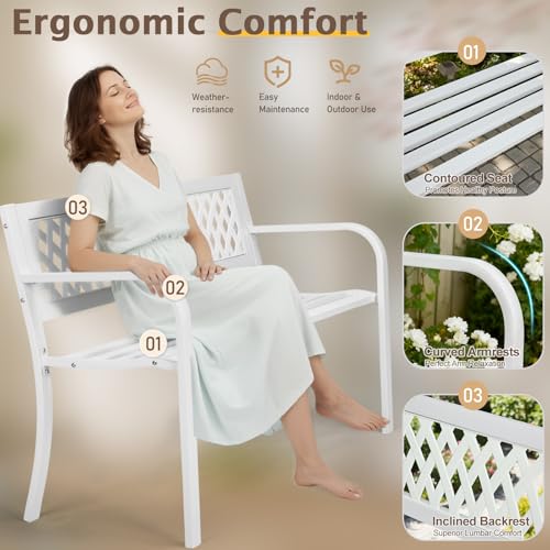 Image of VINGLI 47'' Outdoor Bench, Weather Resistant Garden Patio Bench Powder Coated Iron Frame w /PVC Mesh Backrest Slatted Seat, 2-Person Outdoor Furniture for Front Porch Entryway Park (White)