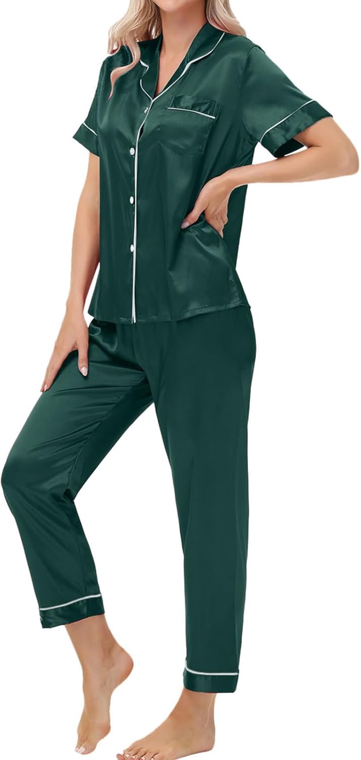 Women's Satin Pajama Set Short Sleeve Silk Top and Pants Set Classic Button Down 2-Piece Sleepwear Loungewear - Image 2
