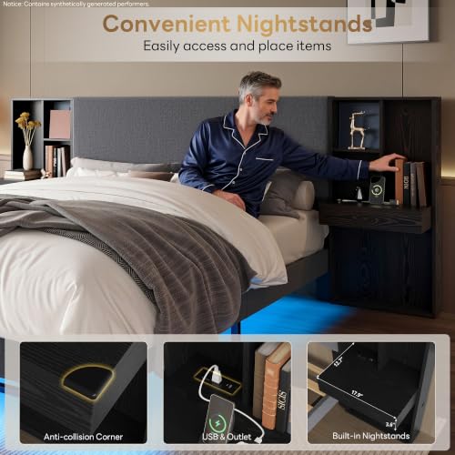 Image of LIKIMIO Floating Queen Bed Frame with Bookcase Headboard, Black /Dark Gray