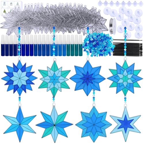 Winlyn 24 Sets Christmas Snowflake Suncatchers Ornaments Decorations DIY Window Paint Art Suncatchers Winter Crafts Painting Kits for Kids Classroom Activities Art Project Party Favors