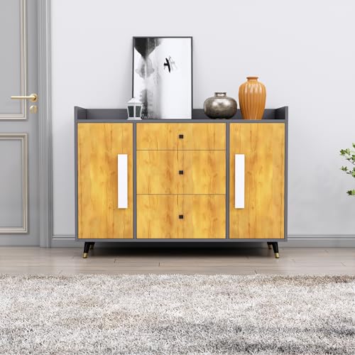 Image of Bniture Wooden Sideboard Cabinet for Living Room | Wooden Storage Cabinet with 2 Door & 3 Drawer | Engineered Wood Multipurpose Cabinet with Spacious Shelves for Home | Slate Grey & Giant Wood