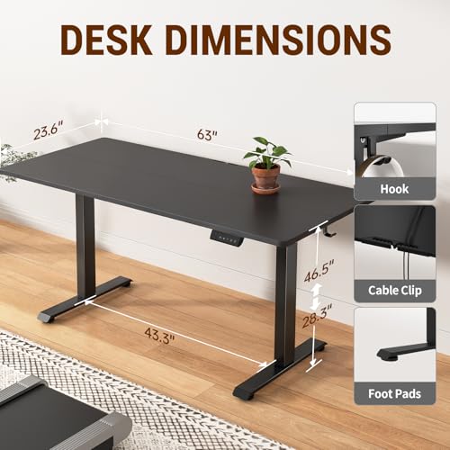 Image of Veken 63x23.6 Inch Large Electric Standing Desk, Heights Adjustable,Sit to Stand Up, Work Home Office Computer Table for Walking Pad, Wooden Desktop Desks, Black