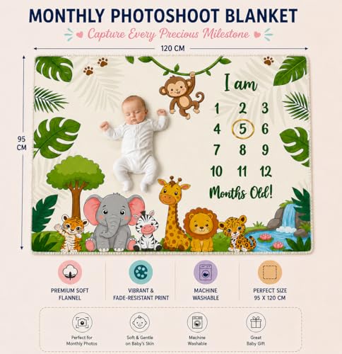 Image of Baby Monthly Milestone Photoshoot Blanket with Milestone Cards, Cotton, 115x95 cm, Animal Theme, 1-12 Months (Animal)