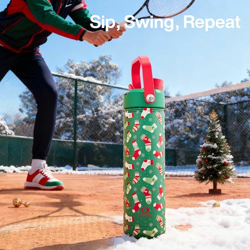 Image of ENCOOL Christmas Insulated Water Bottle with Straw, Stainless Steel Water Bottle, Leak Proof BPA-Free, Keeps Cold for 24 Hours for Sports, Christmas Holiday Gifts for Women, 26 oz, Jolly Sock