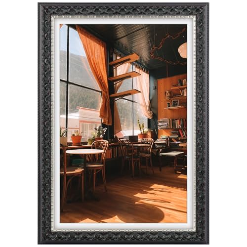 Image of Golden State Art, 12X18 Ornate Finish Photo Frame With White Mat for 11X17 Picture & Real Glass, Color: Black With Silver & Burgundy
