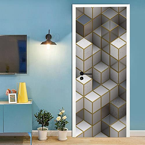 Sticker porte 3d cubes tridimensionnels poster de decoration mural auto-adhesif 73x205 cm