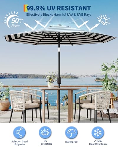 9FT Outdoor Patio Umbrella, Outdoor Table Umbrella, Market Umbrella with Push Button Tilt and Crank, 8 Sturdy Ribs UV Protection Waterproof for Garden, Deck, Pool (Light-blue-and-white striped)