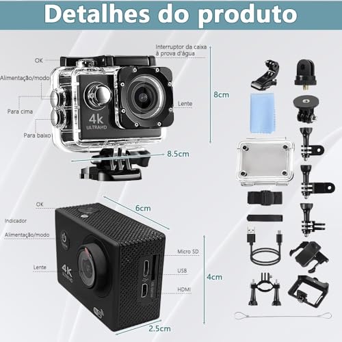 Câmera Esportiva 4K Ultra HD Wifi, À Prova D'Água até 30 Metros, Tela LCD, Ideal para Esportes Radi