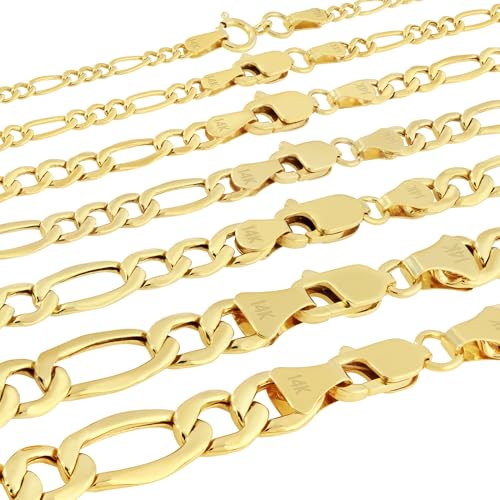 Nuragold 14K Real Yellow Gold Figaro Link Chain Necklace 16'-30' (2mm-7.5mm) Italian Jewelry for Men & Women - 22',4.5mm