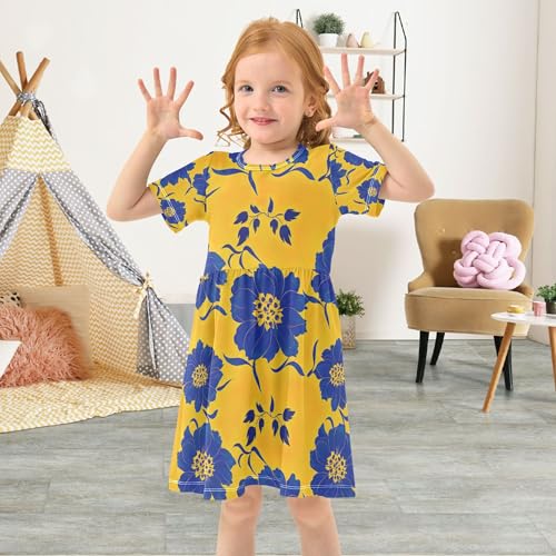 Elegant Blue Flowers Yellow Toddler Girls Dresses Casual Clothing Summer Outfits Little Girl 2t4