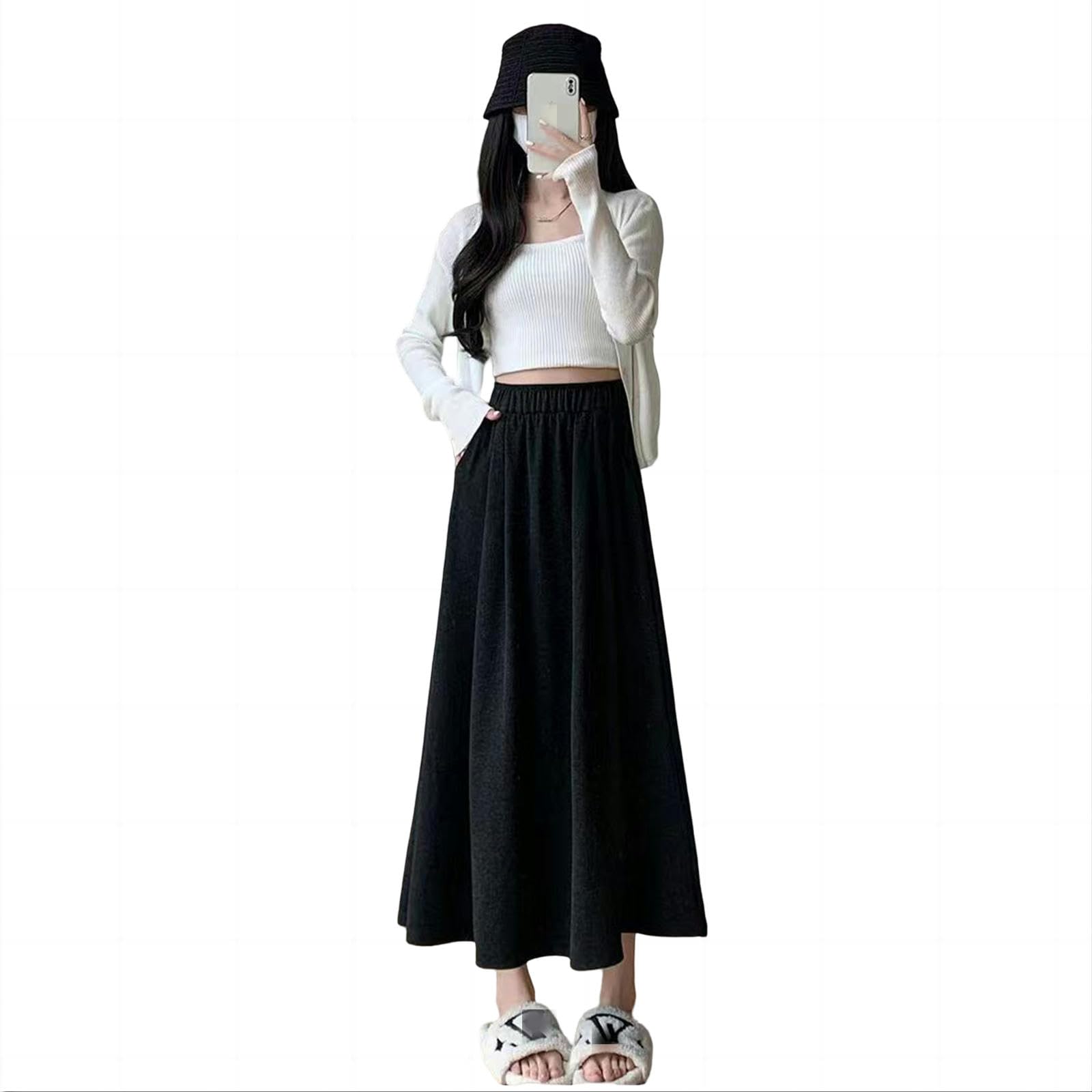 Strickrock Damen Herbst Und Winter Halblänge Rock Für Frauen Mit Hoher Taille Und Fallendem Gefühl, Schlank Und Einfach, Vielseitig-schwarz-m 90-110 Pfund