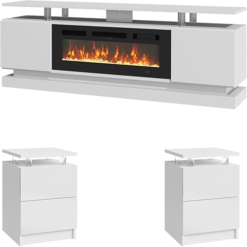 Miniatura 11 de Juego de Mesa Moderna de 4 Piezas para Sala de Estar, Incluye Soporte de TV para Chimenea de Alto Brillo de 70", Mesa de Centro LED y Juego de 2
