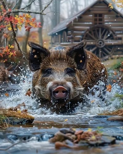 Renqidian Kit de Peinture Diamant Painting Adultes 5D Sanglier dans les bois Rond Diamond Painting Kit Complet, DIY Art Mosaique Maison Décoration 40x50 cm