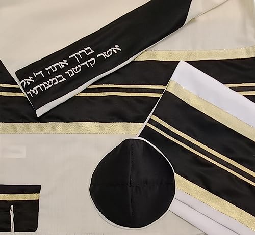 Personalized Wool Tallit, Black and Gold Stripes Men's Tallit Prayer Shawl Tzitzit from Israel 20 inch by 72 inch2
