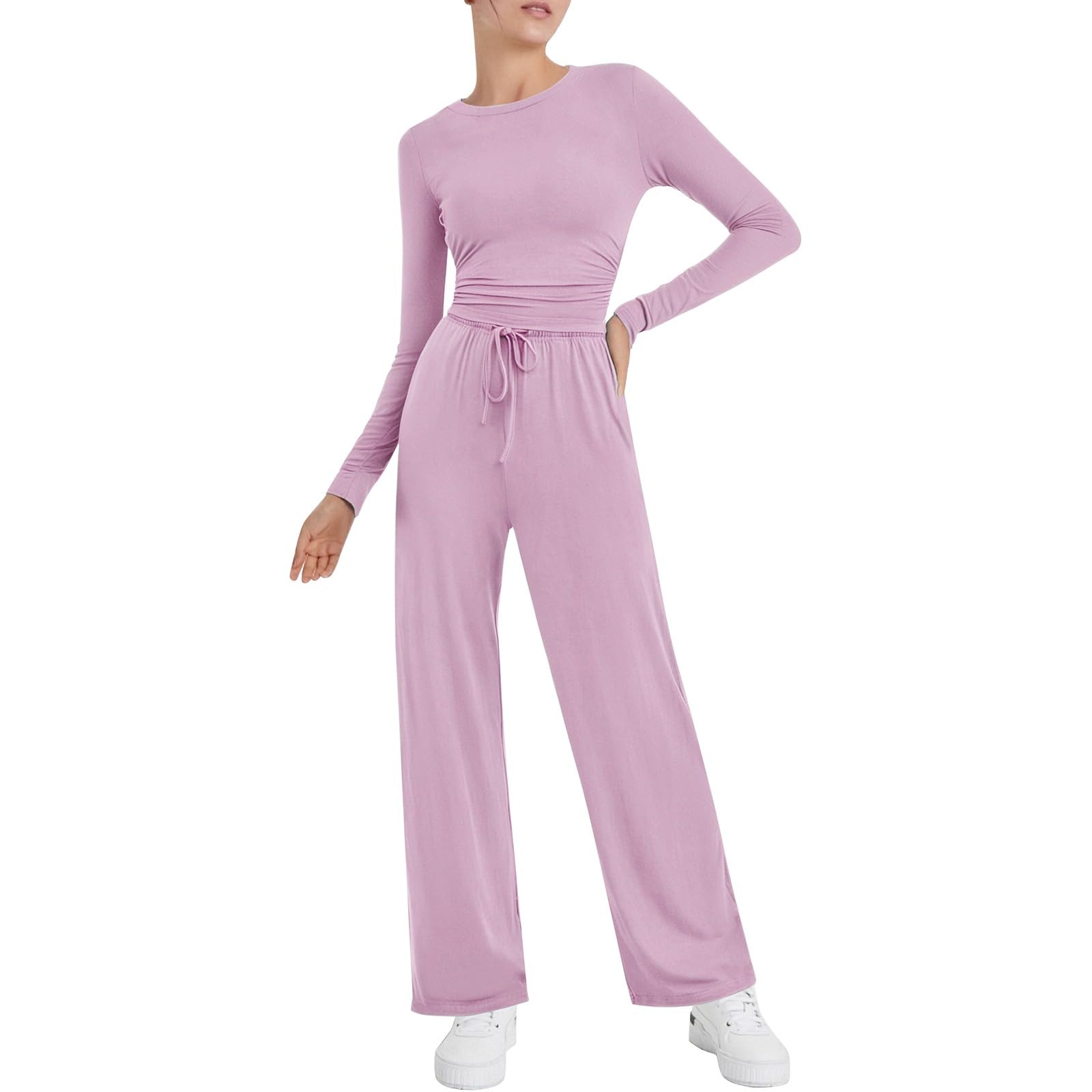 Generisch Pantaloni da donna in due pezzi, a gamba larga, a vita alta, set da donna, a maglia, Y2K, per il tempo libero, 2 pezzi, da jogging, a maniche lunghe, da jogging, da jogging, da allenamento