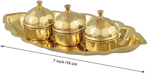 Vista 4 de Bote de latón Kuyri Puja Rituals Roli Chawal Akshat Dibbi Chandan Chopala Elaichi Mishri Haldi Kumkum Soporte para taza para el templo del hogar
