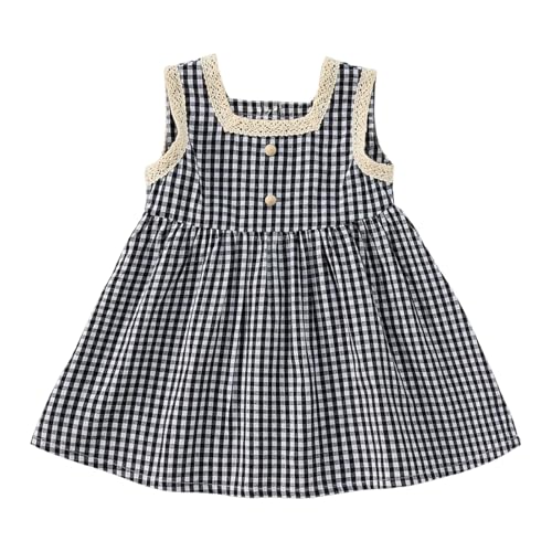 Girls Plaid Gingham Sleeveless A Line Dress Square Neck Lace Trim Dresses
