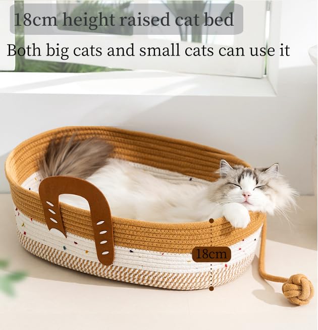 سرير للقطط مصنوع من حبل قطني منسوج يدويا - جيد التهوية وسهل التنظيف، سلة للحيوانات الاليفة قابلة للطي والخدوش، مع كرة لعب للقطط، بني (بني)