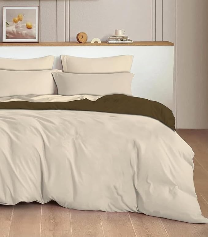 Image of Reversible Plain Glace Cotton Single Bed Quilt Cover /Duvet Cover /Rajai Cover /Blanket Cover with Zipper (60X90 Inches) (Almond Whisper, Single Duvet Cover)