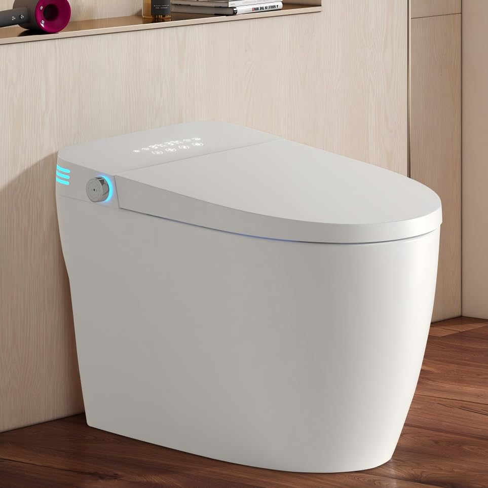 Inodoro inteligente con auto-flush y asiento bidé, inodoro japonés con asiento calefactable, lavado con agua tibia y secado, temperatura ajustable, pantalla LED y control remoto