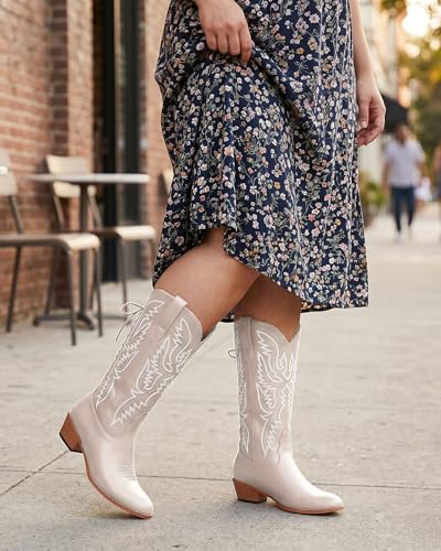 Image of Uillnoodu Wide Calf Cowboy Boots Women Adjustable Lace Up Knee High Tall Plus Size Cowgirl Boots Western Style Comfortable 2-Inch Heel