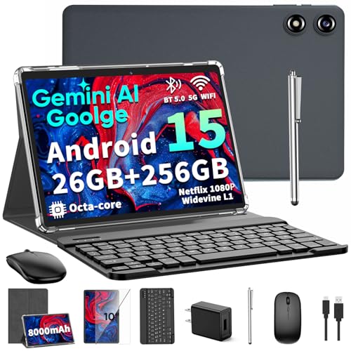 Image of 2026 10 Inch Android 15 Tablet with Keyboard, 26GB+256GB, 2TB Expand, Gemini AI Tablet PC with Octa-Core, 8000mAh, 5G WiFi, GPS, GMS, Widevine L1, 2 in 1 Tablets with Case, Mouse, Stylus (Silver Case)