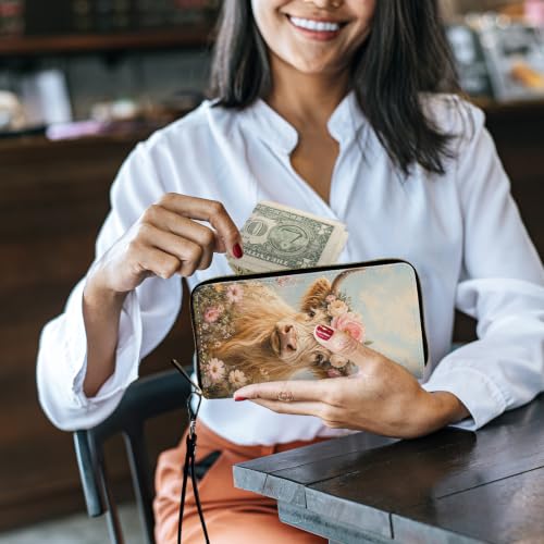 Image of Women's Wallets Credit Card Holder Money Leather Long Wallet | Long wallet with Wristlet,Large Capacity with Zip-Around Phone Purse for Women Ladies Girls,Cute Highland Cow