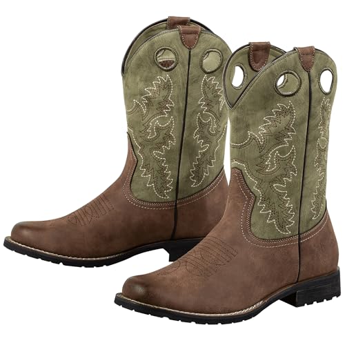 J's.o.l.e Western Mens Cowboy Boots Round Toe Work Boot Slip On Pu Leather Embroidered Casual Dress Boots Brown2