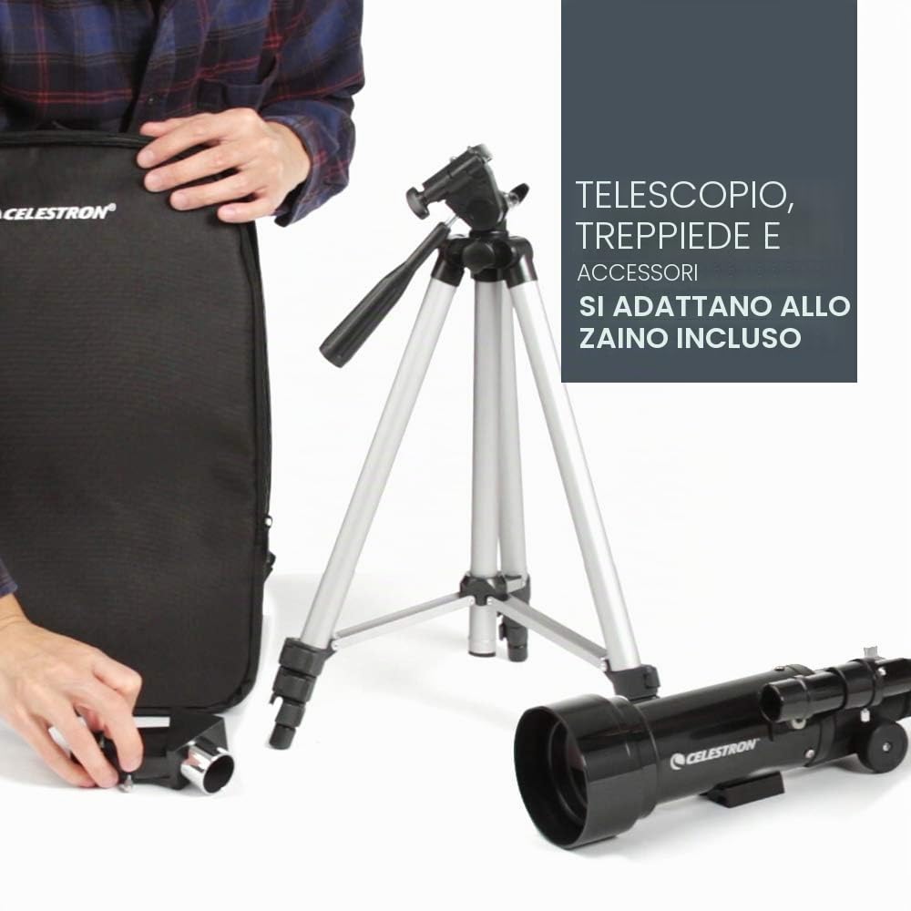 Celestron 21035-ADS Kit telescopio rifrattore da viaggio Scope 70 con zaino, nero (esclusiva Amazon con oculare aggiuntivo da 4 mm e lente di Barlow 3x)