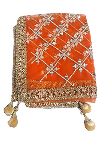 Indian Bollywood Mirror Work Net Dupatta Scarf,Shwal,Chunni Lastest Wedding Women Dupatta Stole,Wraps Orange Net Dupatta With Gold Latkan - Main Image