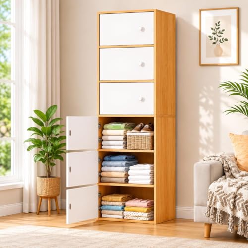 Image of Mevigo 6-Door Morden Wooden Collapsible Wardrobe for Storage /Space Saving Wooden Wardrobe with Doors /Collpsible Storage Organiser /Closet for Bedroom /Living Room -Mapple