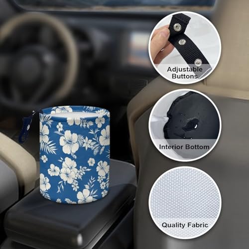 Image of Blue Tropical Flower Car Garbage Can Mini Car Trash Bin Hanging Headrest with Adjustable Buttons Multipurpose Cars Organizer