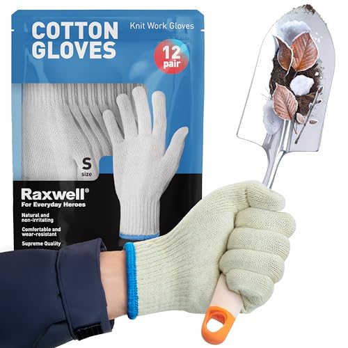 Raxwell White Cotton Gloves - Premium Knit Work Gloves, 12 pairs - Durable Liners for BBQ, Painting, Gardening, Industrial, & Mechanics, Natural Color, Size Small