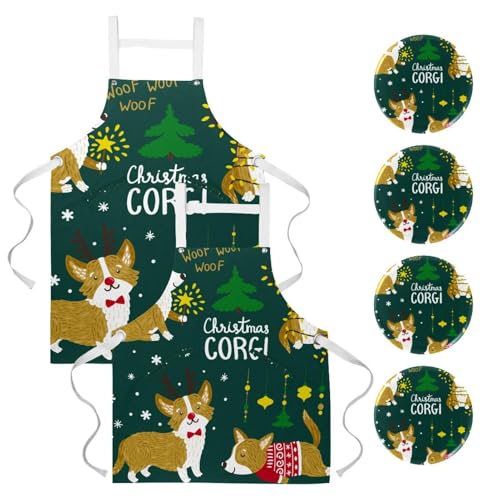 Lot de 2 tabliers de cuisine avec motifs corgi de Noël et 4 broches pour le service