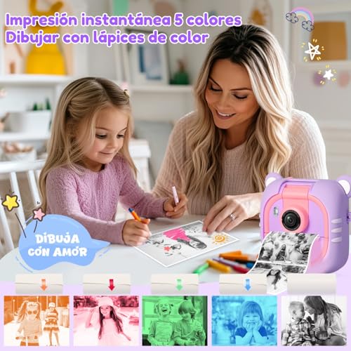 Miniatura 5 de ARNSSIEN Camara Fotos Infantil Instantanea 2,4"Camara instantanea Lente180° | 1080P Impresión instantánea, 7 Papeles (4 Col: O/R/V/B+3 B&N), Regalo Cumpleaños y Fiestas para niños y niñas 3-12 años, M2