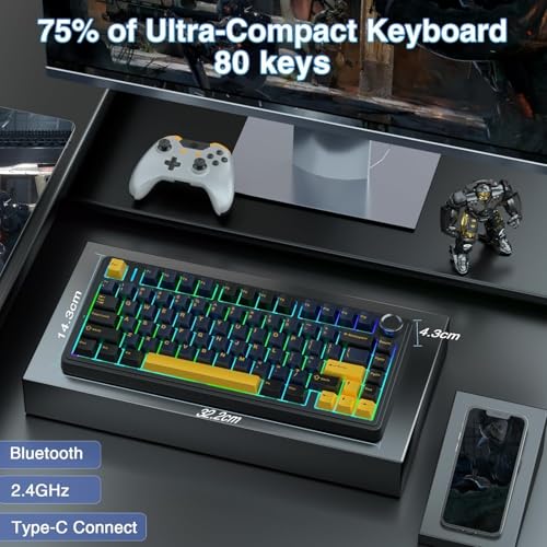 Image of AULA F75 75% Wireless PBT Keycaps Mechanical Keyboard | Hot Swappable, Pre-lubed Linear Switches | RGB Backlit, 2.4GHz /Type-C /Bluetooth Gaming Keyboard (Thunder Black, Star-Vector(Seiya) Switch)