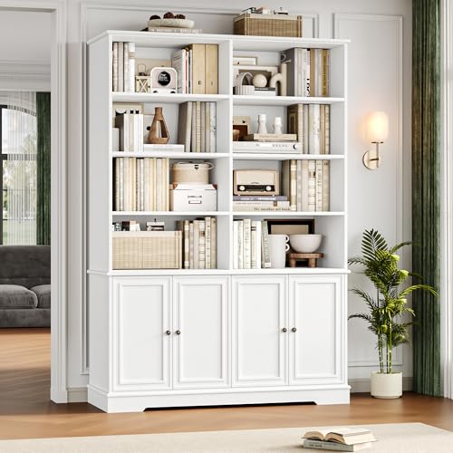 FOTOSOK 73" White Bookshelf with Doors, 6 Tier Tall Bookshelf, 47.2" Double Wide Farmhouse Bookshelves and Bookcases, Large Open Book Shelf Storage Cabinets for Home Office