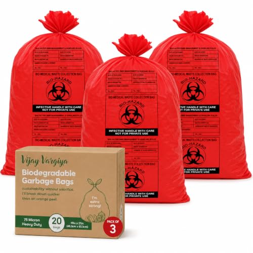 Image of Heavy Duty Biohazard & BioMedical Waste Bags | 75 Micron Hygiene Bio Waste Bags | Printed, Leak-Proof, Medical Grade Garbage Bags | Red 19 x 21 Inch | Pack of 60