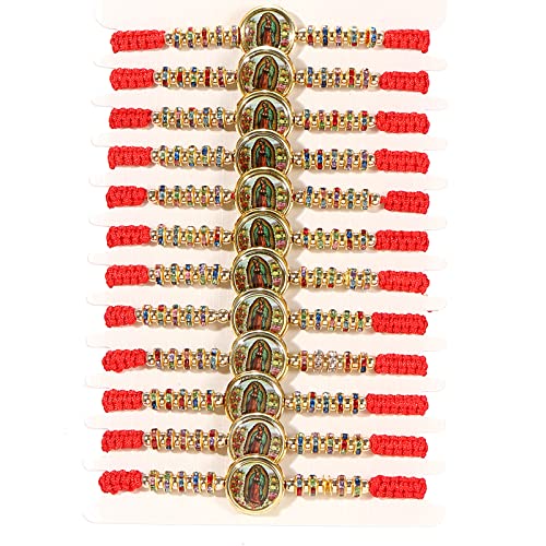 BONITTER 12 PCS Virgin Mary/Saint Benedict/Saint Jude Rosary Handmade Red Knot String Luck Bracelet Men Or Women As Gifts and Used in Prayer (Red Rope-Round Enamel Virgin Mary)