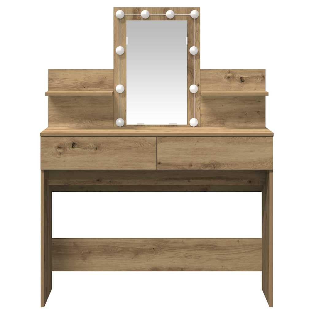 Toaletka Artisan dąb drewnopochodny, 100 x 40 x 130 cm, z oświetleniem LED, przestronne miejsce do przechowywania, 2 szuflady, 2 półki do sypialni, organizer na stół do makijażu