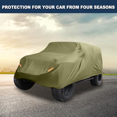 Image of Car Cover Waterproof All Weather with Driver Door Zipper for Jeep Wrangler JK JL 4 Door 2007-2021 / Full Exterior Cover /Durable 210D Oxford Cloth / 1Pcs Dark Green