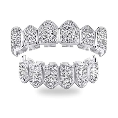 TOPGRILLZ Grillz Vampire Teeth Silver Grills for Your Teeth Diamond Grillz for Women 18K Gold Plated Iced out Hip Hop Teeth Men Rapper Costume Cosplay Extra Molding Bars（Silver） Cover