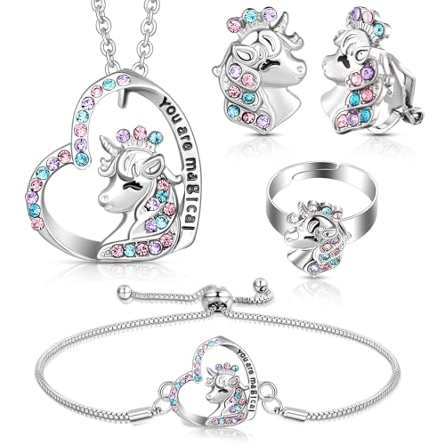 4 Pcs Girls Unicorn Jewelry Set Unicorn Necklace Bracelet Ring Stud Earrings for Kids Crystal Pendant Jewelry Gifts for Toddler