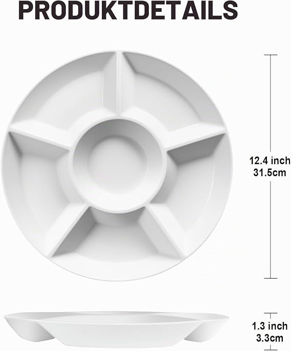 12.4 Inch Round Snack Plates with 6 Compartments Set of 4 Plastic Serving Plates Serving Tray for Party Buffet Snack Nuts Candy White