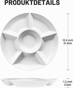 12.4 Inch Round Snack Plates with 6 Compartments Set of 4 Plastic Serving Plates Serving Tray for Party Buffet Snack Nuts Candy White