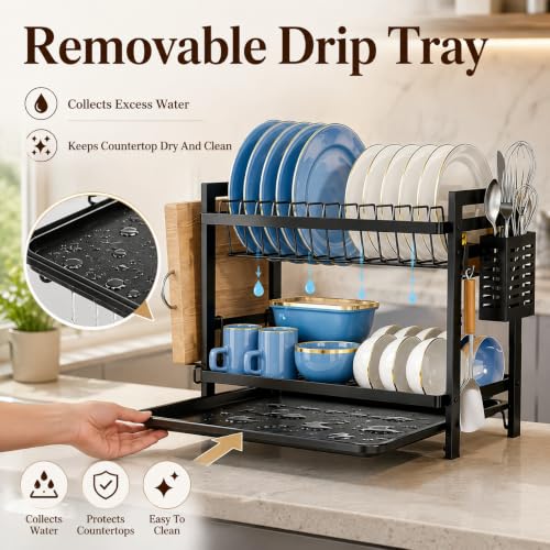 Image of COMFYHOME Utensils Drying Rack, 2-Tier Carbon Steel Dish Drying Rack, Saving Countertop Organizer with Drainboard, Drainer Tray & Utensil Holder,Rust-Resistant Suitable for Plates, Cutlery, Bowls.