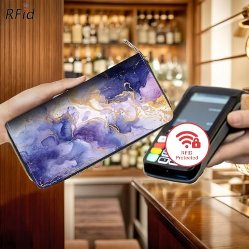 Bxgolkgd Womens Wallet, RFID Blocking Leather Wallet,Large Capacity Wallet Credit Card Holder PU Leather Ladies Clutch with Zipper Coin Pocket - Blue Gold Marble3