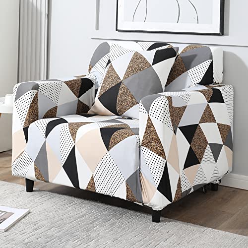 Image of HOKIPO Elastic Stretchable Single Seater Sofa Cover, Grey Brown Geometric (AR-4093-D9)